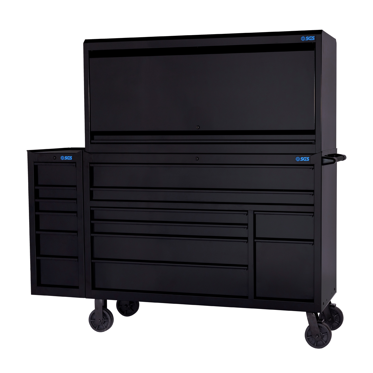 SGS 56in Roller Cabinet with Top Hutch and Side Cabinet | 14 Drawers | Black